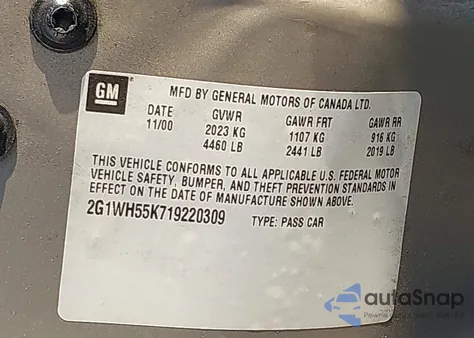 2001 Chevrolet Impala Ls z USA, uszkodzony, nr VIN 2G1WH55K719220309